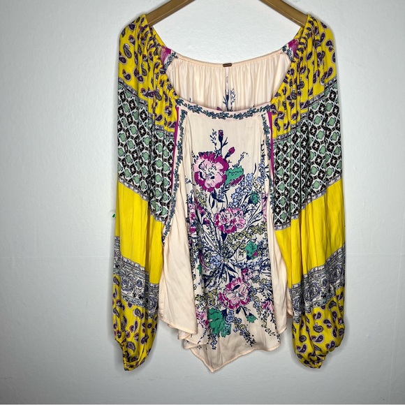 Free People Positano Printed Blouse in Yellow Sz M - Picture 4 of 9